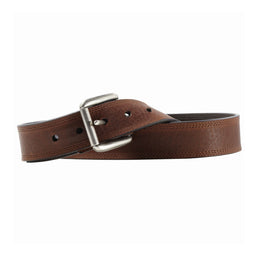 A brown leather belt with a triple-row stitched design and a silvertone metal buckle.